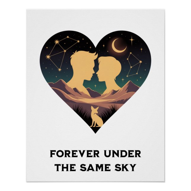 Cosmic Love Story Heart with Lovers and Fox Art Poster (Front)