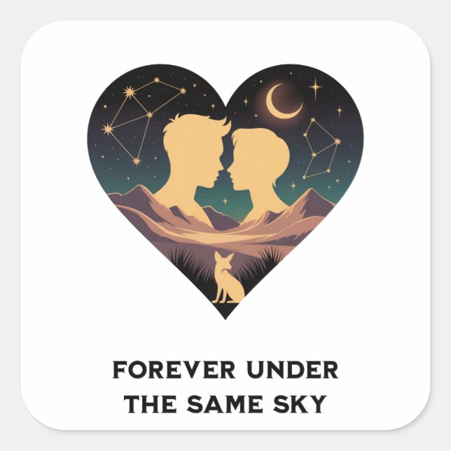 Cosmic Love Story Heart with Lovers and Fox Art Square Sticker (Front)