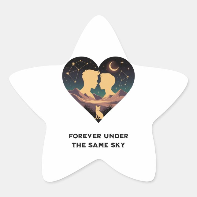 Cosmic Love Story Heart with Lovers and Fox Art Star Sticker (Front)