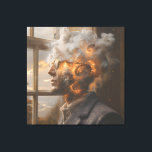 Cosmic Mind Dissolving Head Portrait Canvas Print<br><div class="desc">A thoughtful man in round glasses and tweed stands at an open window as his head transforms into a radiant cosmic nebula. Swirling clouds of fiery orange, molten gold, electric turquoise, lavender, and deep indigo spiral upward with glowing spirals and starry flecks, while soft afternoon light illuminates his face and...</div>