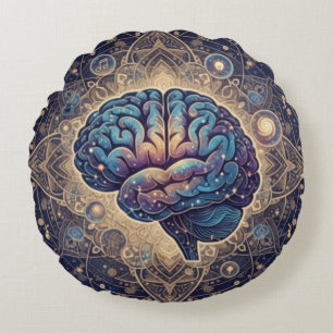 Cosmic Mind Mandala – Abstract Brain Art Round Pillow