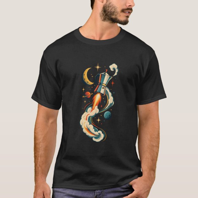 Cosmic Moka Pot Rocket Retro T-Shirt (Front)