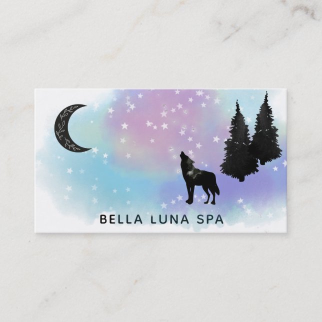 *~* Cosmic Moon Howling Wolf Rainbow Pine Trees Business Card (Front)