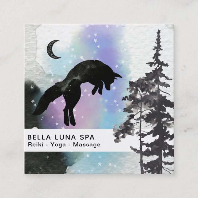*~* Cosmic Moon Jumping Fox Rainbow Shaman Square Business Card (Front)