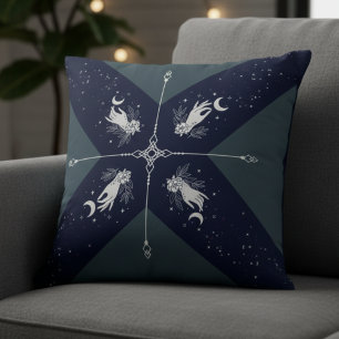 Cosmic Navy Blue and Silver Mystic Moon Hands Throw Pillow