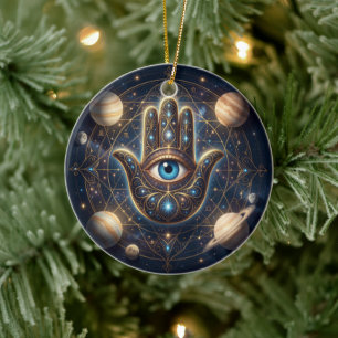 Cosmic Navy Gold Celestial Hamsa Evil Eye Ceramic Ornament