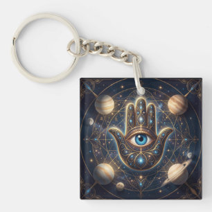 Cosmic Navy Gold Celestial Hamsa Evil Eye Keychain