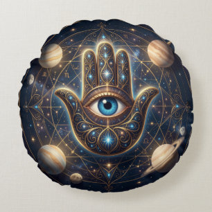 Cosmic Navy Gold Celestial Hamsa Evil Eye Round Pillow
