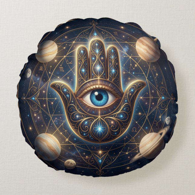  Cosmic Navy Gold Celestial Hamsa Evil Eye Round Pillow (Front)