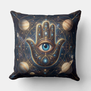  Cosmic Navy Gold Celestial Hamsa Evil Eye Throw Pillow