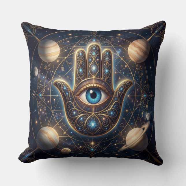  Cosmic Navy Gold Celestial Hamsa Evil Eye Throw Pillow (Front)