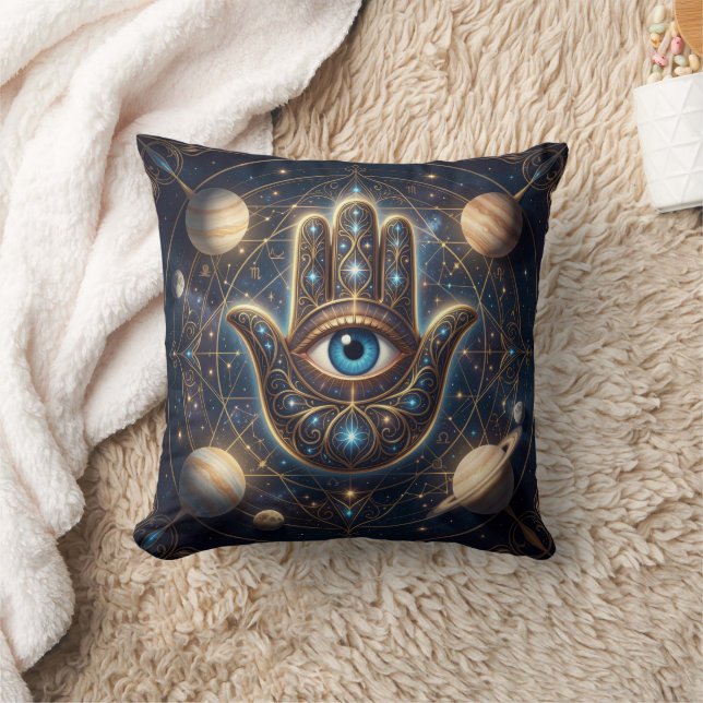 Cosmic Navy Gold Celestial Hamsa Evil Eye Throw Pillow (Blanket)