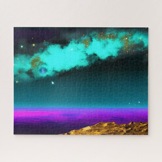 Cosmic Neon Purple Sky Over Majestic Planet Jigsaw Puzzle (Horizontal)
