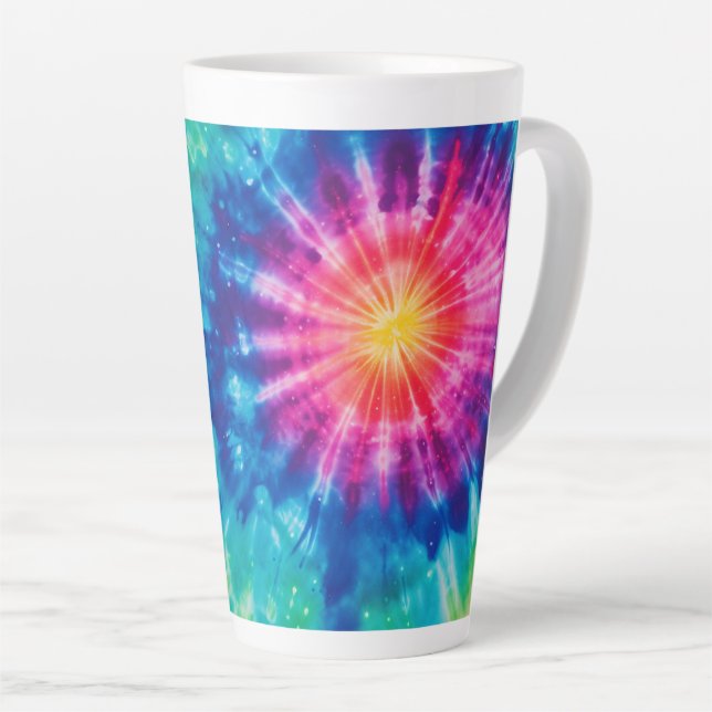 Cosmic neon rainbow tie dye latte mug (Right Angle)