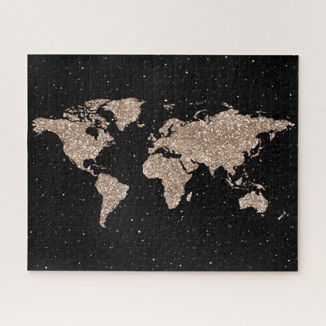 Cosmic Night Galaxy & Rose Gold Glitter World Map  Jigsaw Puzzle (Horizontal)