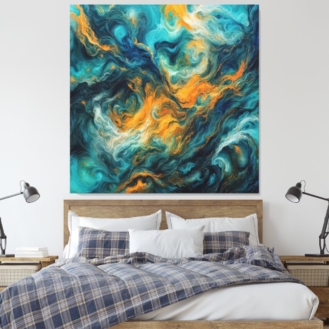 Cosmic Ocean Square – Colourful Abstract Canvas Print (Insitu(Bedroom))
