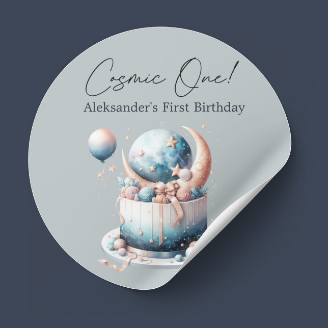 Cosmic One! Celestial 1st Boy Birthday  Classic Round Sticker (Creator Uploaded)