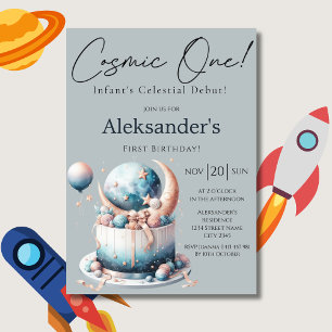 Cosmic One! Celestial Watercolor 1st Boy Birthday  Invitation