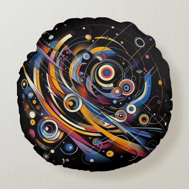 Cosmic Orbit Geometry – Abstract Circle & Line Art Round Pillow (Front)