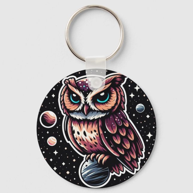 Cosmic Owl Illustration - owl, space, artwork Keychain (Front)