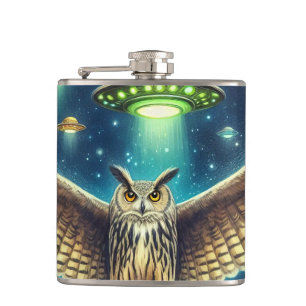 Cosmic Owl Nightscape - UFOs in the sky Hip Flask