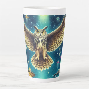 Cosmic Owl Nightscape - UFOs in the sky Latte Mug