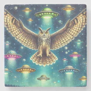 Cosmic Owl Nightscape - UFOs in the sky Stone Coaster