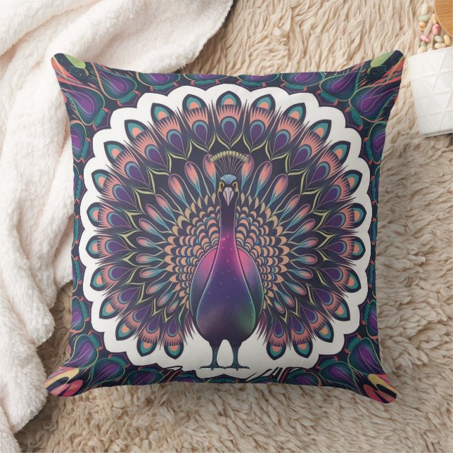 Cosmic Peacock Mandala Throw Pillow (Blanket)