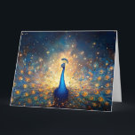Cosmic Peacock with Starry Feathers Card<br><div class="desc">This breathtaking panoramic illustration features a majestic peacock with its tail fanned out,  transformed into a dazzling cosmic display. Its iridescent feathers shimmer with countless golden and blue stars,  resembling a vibrant galaxy or nebula,  creating a magical and awe-inspiring celestial scene.</div>