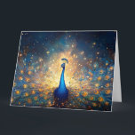 Cosmic Peacock with Starry Feathers Card<br><div class="desc">This breathtaking panoramic illustration features a majestic peacock with its tail fanned out,  transformed into a dazzling cosmic display. Its iridescent feathers shimmer with countless golden and blue stars,  resembling a vibrant galaxy or nebula,  creating a magical and awe-inspiring celestial scene.</div>