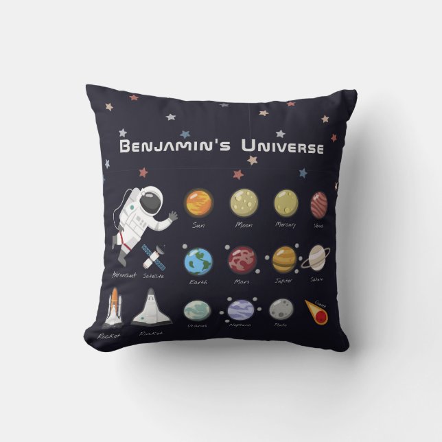Cosmic Planets Astronaut Monogram Colourful Stars  Throw Pillow (Front)