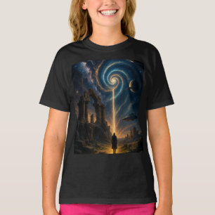 "Cosmic Portal Adventure – Girls' Black Graphic T-Shirt