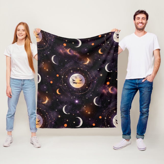 Cosmic Pumpkin Moon Bokeh - Spooky Celestial Fleece Blanket (In Situ)