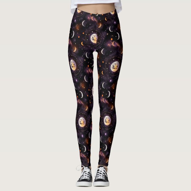 Cosmic Pumpkin Moon Bokeh - Spooky Celestial Leggings (Front)