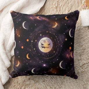 Cosmic Pumpkin Moon Bokeh - Spooky Celestial Throw Pillow