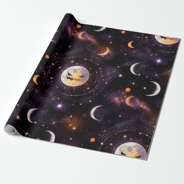 Cosmic Pumpkin Moon Bokeh - Spooky Celestial Wrapping Paper (Unrolled)