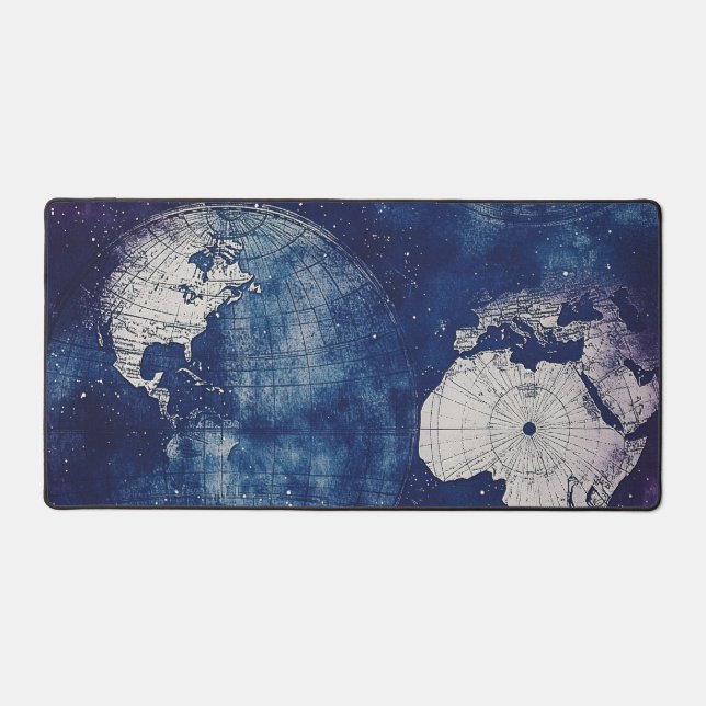 Cosmic Purple Antique Celestial World Map Desk Mat (Front)