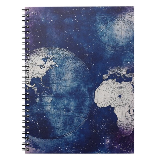 Cosmic Purple Antique Celestial World Map Notebook (Front)