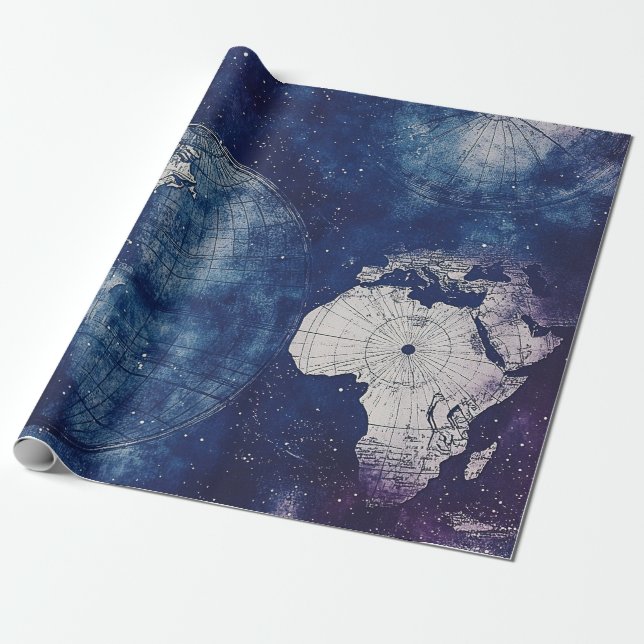 Cosmic Purple Antique Celestial World Map Wrapping Paper (Unrolled)