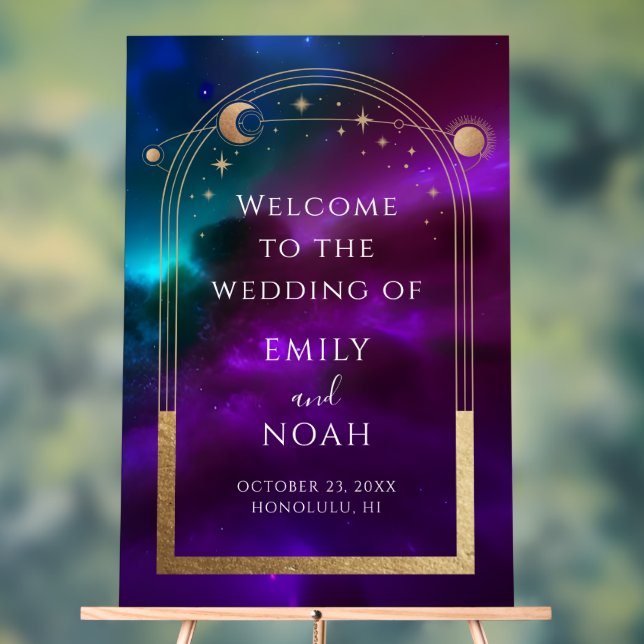 Cosmic Purple Gold Sun Moon Stars Welcome Sign (Neutral)