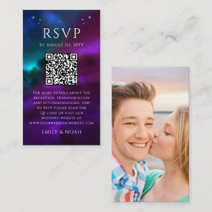 Cosmic Purple Teal Budget QR Code RSVP Photo Enclosure Card