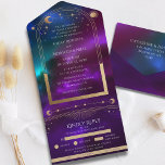 Cosmic Purple Teal Gold Sun Moon Astronomy Wedding All In One Invitation<br><div class="desc">Cosmic Purple Teal Gold Sun Moon Astronomy Space Wedding All In One Invitation features a sun, moon and stars with a gold frame on a colourful purple, teal and blue cosmic background. Inside is your custom wedding invitation information. Below is the removable RSVP card with three meal choice options for...</div>