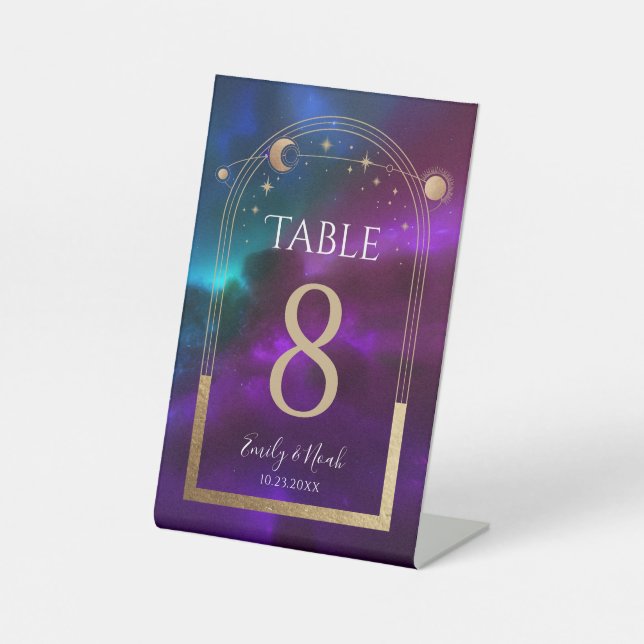 Cosmic Purple Teal Gold Sun Moon Astronomy Wedding Pedestal Sign (Front)