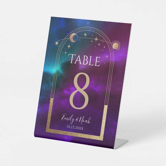 Cosmic Purple Teal Gold Sun Moon Astronomy Wedding Pedestal Sign (Front)
