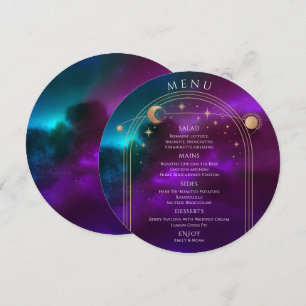Cosmic Purple Teal Gold Sun Moon Stars Wedding Menu