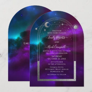 Cosmic Purple Teal Silver Sun Moon Astronomy Space Invitation
