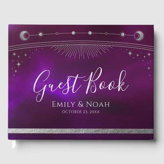Cosmic Purple Teal Silver Sun Moon Wedding  Guest Book (Front)