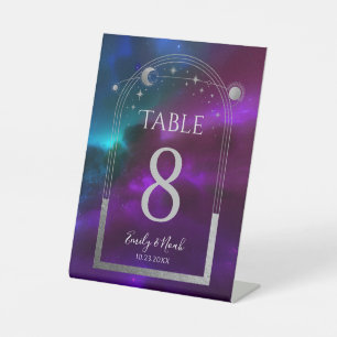 Cosmic Purple Teal Silver Sun Moon Wedding Pedestal Sign