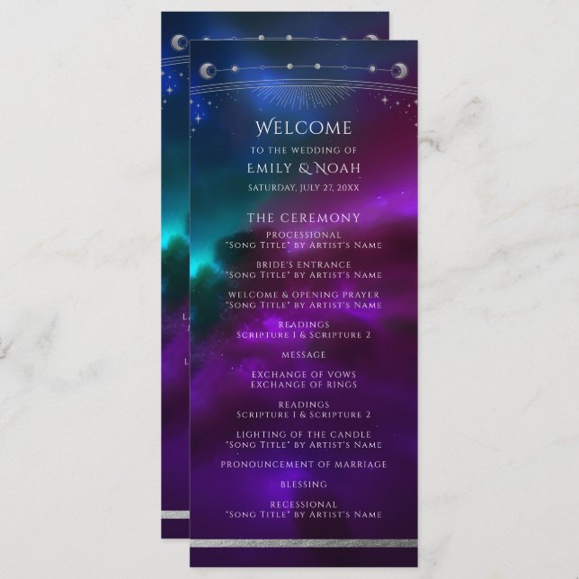 Cosmic Purple Teal Silver Sun Moon Wedding Program (Front/Back)