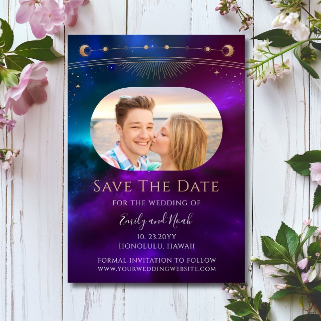 Cosmic Purple Teal Sun Moon Star Space Save The Date (Creator Uploaded)